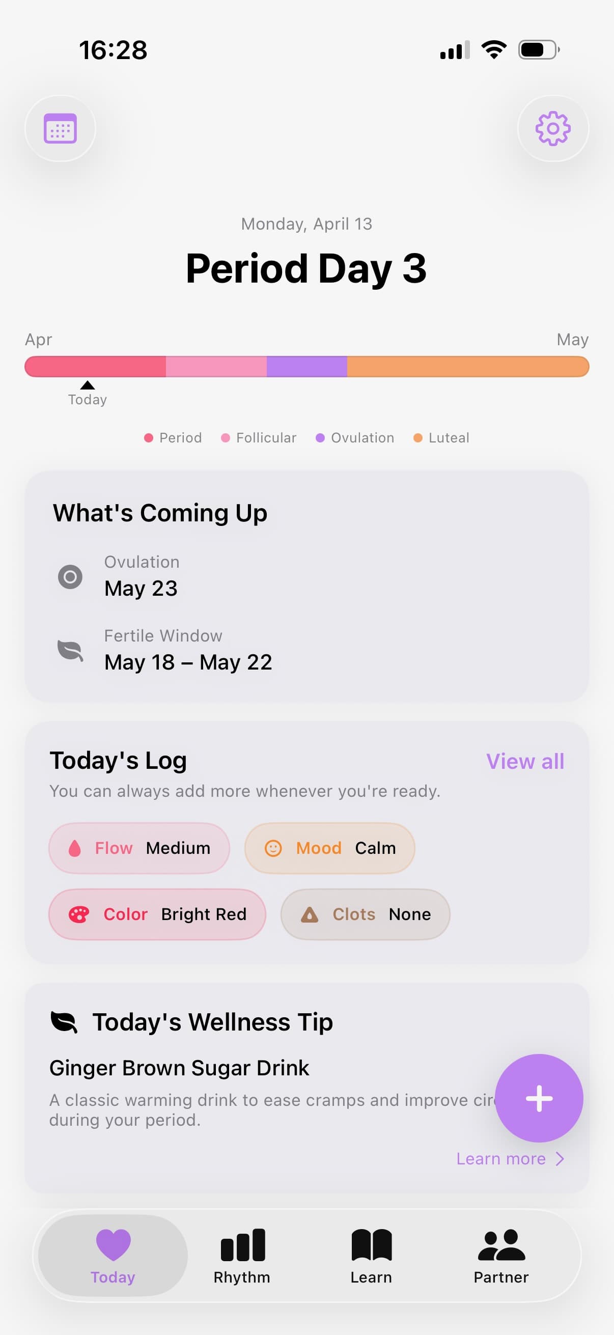 Elo app today view showing period tracking and wellness tips