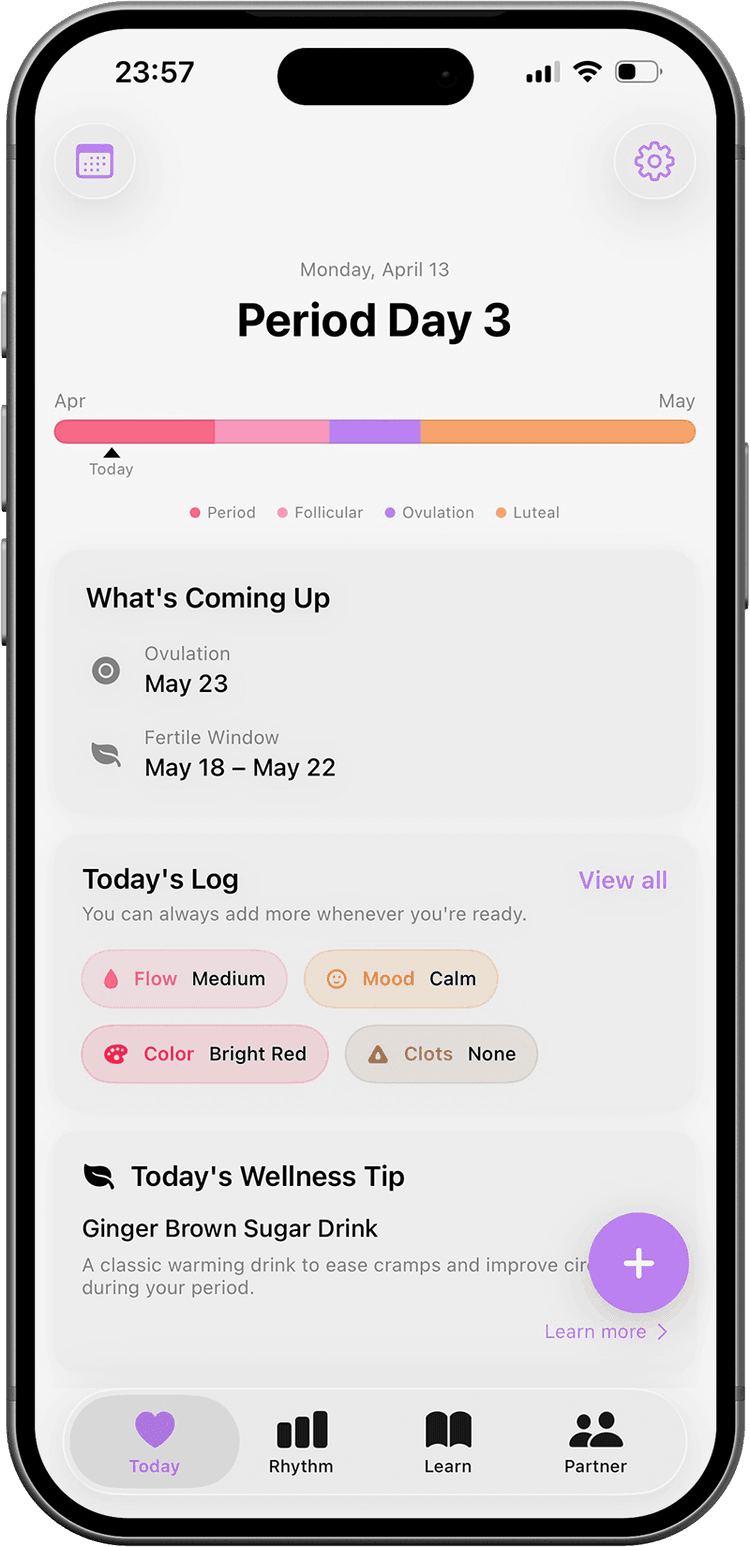 Elo app today view showing period tracking and wellness tips